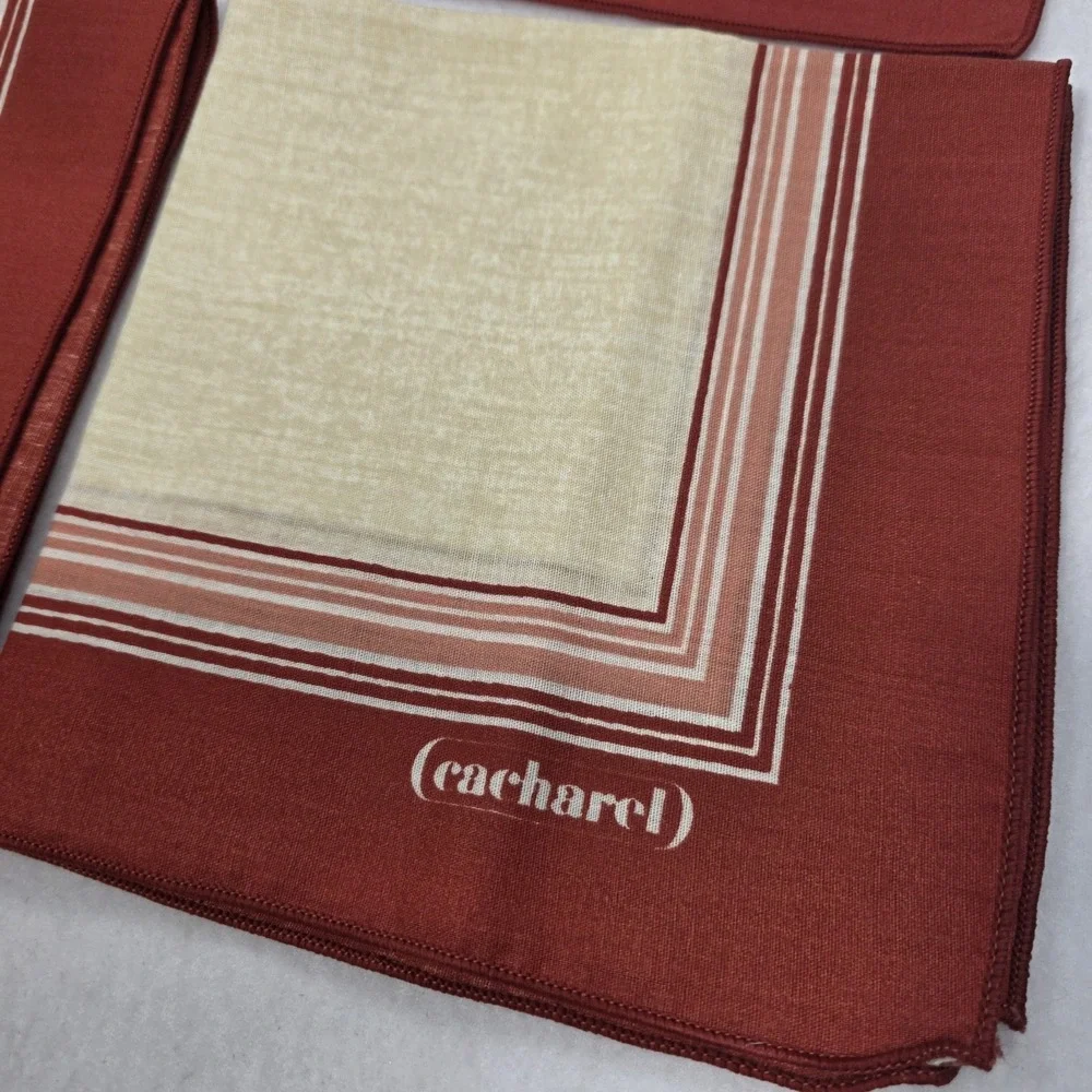 Vintage Cacharel Cotton Square 3 Piece Napkins Set Border Pattern Red Beige
